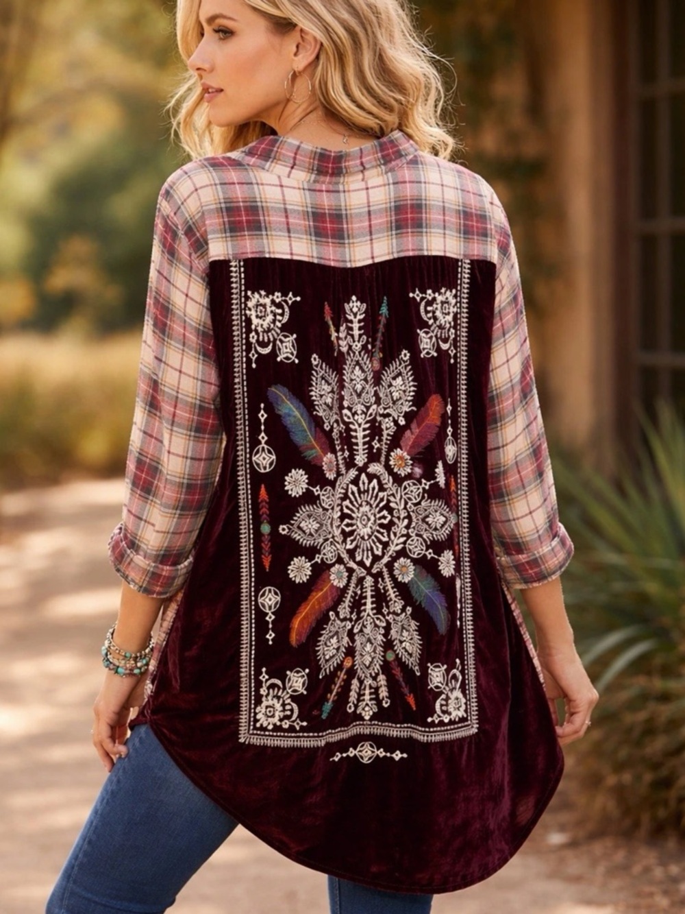 Johnny Was Plaid Shirt Feather Embroidered Cream, Red & Green